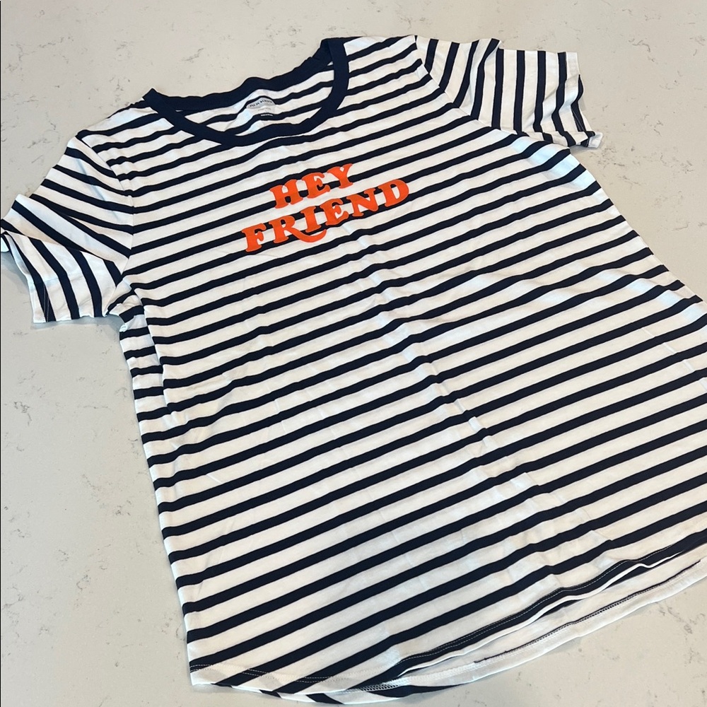 Old Navy Navy Striped Tee with Orange Text